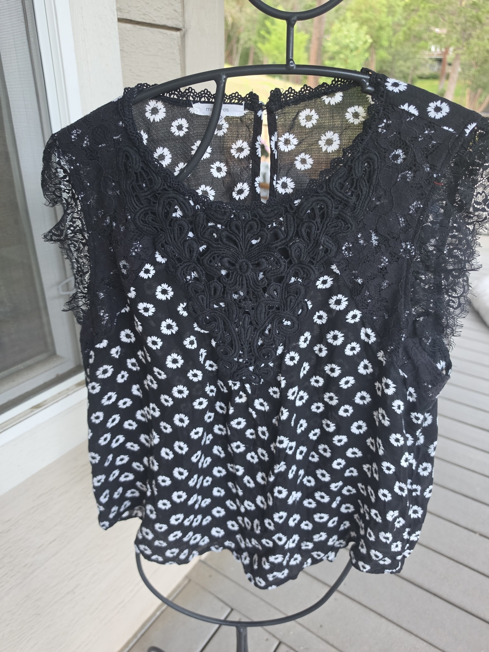 Maurices Black Top with White Daisy Print and Lace Details